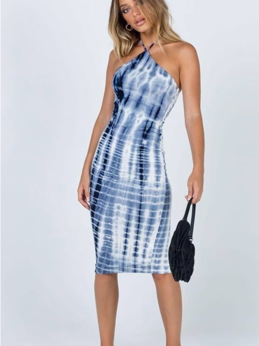 White Fox Boutique Tie Dye Midi Halter Dress. Fully Lined. Blue & White. Small.